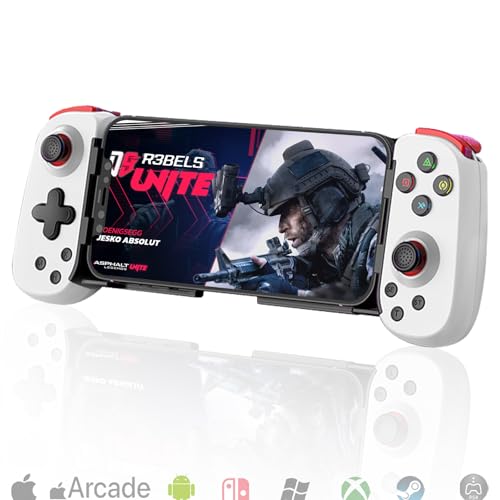 Megadream iPhoneコントローラー iPhone16/15/14/iOS 13.0以上/Android 6.0以上/iPad/PS3/4/Switch/PC用、クラウドゲーム/ストリーミング対応、ワイヤレス接続、振動モーター、3段階ターボ、連射/連射ホールド、codモバイル用コントローラー iPhone/Android、モダンコンバット5用、白い