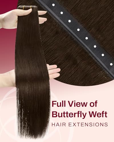 Image of Moresoo Human Hair Butterfly Weft Extensions, Medium Brown, 18 Inch 50g | aligned remy strands blend with medium brown hair for date looks, dinner plans and softly textured everyday waves