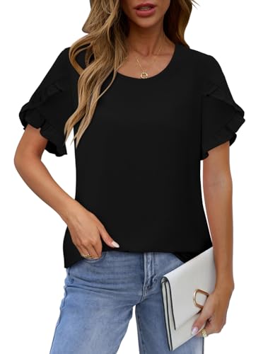 CRAZY GRID Women's Shirts Summer Casual Crewneck Ruffle Short Sleeve Blouses Cute Floral Print Tunic Tops