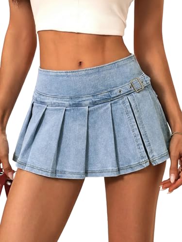 EMMIOL Denim Mini Skirt for Women - Mid Waisted Stretch Side Zipper Skort Y2k Casual Jean Skirts with Shorts Underneath Light Blue-055 S