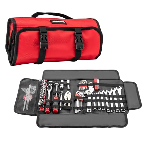Mofun 64-Piece Motorcycle Tool Kit With Roll Pouch Compatible with Harley Motorcycles Include Long Pattern Combination Wrench Set Dr Spark Plug Socket Metric Hex Key Set Star Key Set Red