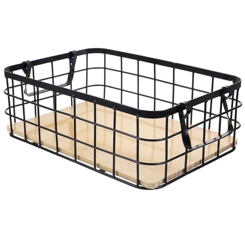 Cabilock Cesta Pequeña Metálica Doble Asa y Base de Madera, Organizador para Frutas y Utensilios de Cocina, Cesta de Alambre para Estantes y Despensa