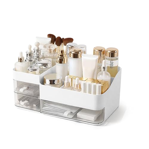 Lacuasmall Make Up Organizer Kosmetik Aufbewahrungsbox mit Schubladen, Schminktisch Organizer für Waschtische, Schlafzimmer und Badezimmer, Kosmetik Box für Lippenstift & Beauty Zubehör, Weiß