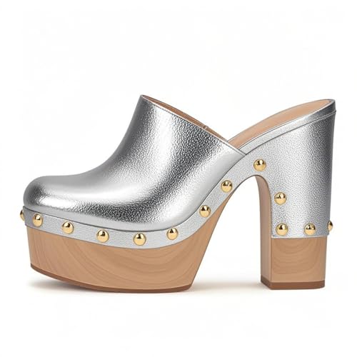 FSJ Women Closed Round Toe Mules High Chunky Heeled Sandals Slip On Platform Wooden Clogs Studs Comfy Shoes Size 4-16 US2