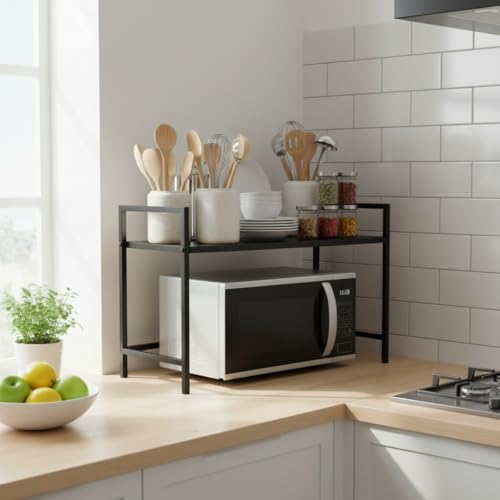 Image of RIZIK STORE Metal Adjustable Microwave Oven Stand for Kitchen Platform | 2-Tier Microwave & OTG Stand | Heavy Duty Organizer Rack | Powder Coated | Black | CRC Steel