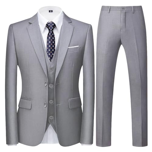 KUDORO Costume Homme 3 pièces Slim Fit Smoking à Deux Boutons pour Mariage Business Fête Formel Confort Blazer Veste Pantalon Gilet(Gris,S)