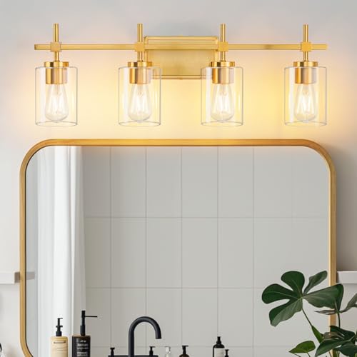 Image of Bathroom Vanity Lights, Gold 4 Lights, E26 Socket with Clear Glass Shade, Modern & Vintage Style Vanity Light for Bathroom, Powder Room, Dressing Room