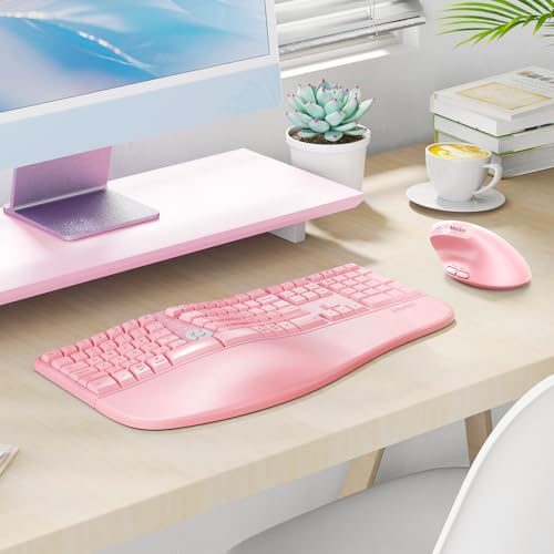 Image of MEETION Ergonomic Keyboard and Mouse Combo, 2.4G Cordless Split Keyboard with Cushioned Palm Rest, Vertical Wireless Mouse, Natural Typing Full Size Keyboard, for Windows /Mac Pink