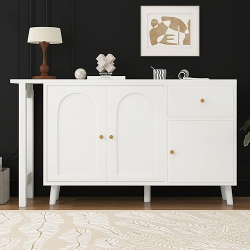 VS VanShine Escritorio plegable, escritorio con cajones, escritorios esquineros en forma de L, tocador, cómoda 2 en 1 y giratorio 360°, 3 puertas, 1 cajón, 120 × 40 × 74,5 cm (blanco)