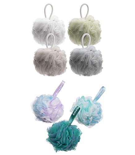 AmazerBath Set of 3 Flower Green-Blue-Purple Shower Sponge 75g/PCS and Shower Bath Sponge 75g Neutral Colors Pack of 4 for Body Wash Men Women Bathroom
