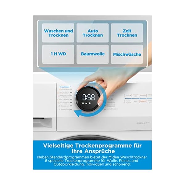 Midea MF200D86WB-14EAS Waschtrokner, 8/6kg Waschen/Trocknen, Inverter Mortor, Auffrischen, 60 Min. Waschen & Trocknen, Steam Care , Turbo Wash , 48 cm tief , APP-Steuerung, AquaStop – Bild 7