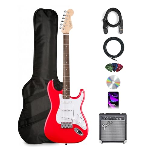 Image of Fender Squier Stratocaster - Torino Red Bundle with Frontman 10G Amplifier, Gig Bag, Strap, Instrument Cable, Picks, and Austin Bazaar Instructional DVD