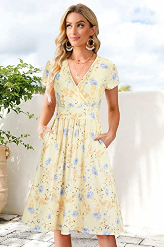 Image of Newshows Women's Pockets Wrap V Neck Floral Summer Vacation Casual Sundress | Wrinkle Free, Stretchy, Summer Beach Floral Sundress 2026, Casual Dress for Vacation, Guaduation, Side Pockets, A-line