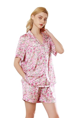 Image of YiNi LuLu Womens Silk Satin Shorts Pajamas Set Button Down 2 Piece Pjs Short Sleeve Oversized Sleepwear with Pockets