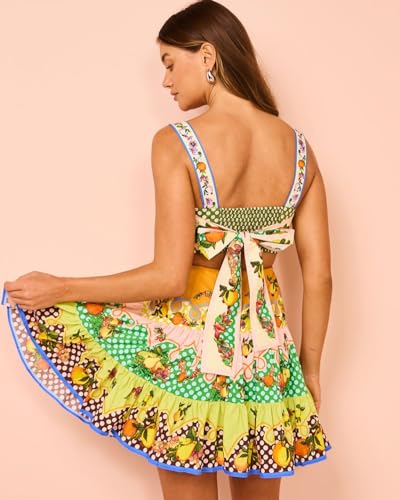 Image of Women's Summer Mini Cami Dress Cartoon Fruit Print Sleeveless Back Bow A-Line Cute Dress (Yellow, S), Small