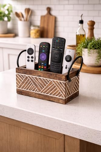 Image of Craft Expertise Remote Control Holder Stand for TV & AC - Wood & Iron Remote Organizer for Table, Sofa & Bedside | Rustic Brown Decorative Remote Caddy for Living Room | 8 x 4 x 6.5 Inches