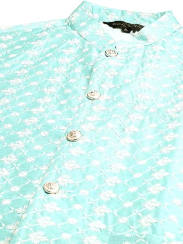 Image of SOJANYA (Since 1958 Men's Silk Blend Light Green Kurta & Nehrujacket with White Pyjama Combo