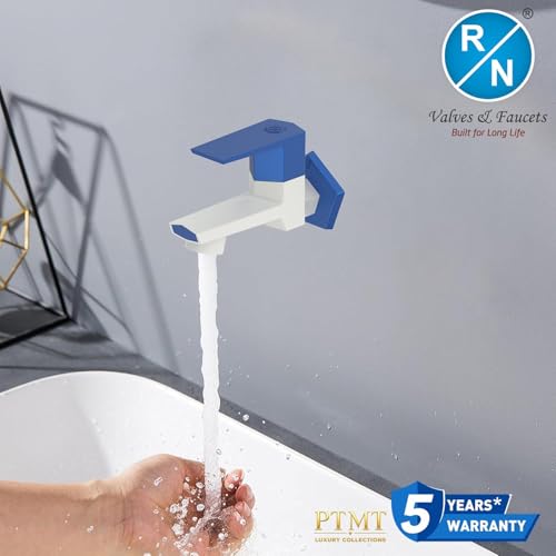 Image of RN PTMT Bib Cock for Bathroom | 15mm Foam Flow Water Tap with Flange | Luxury G20 Series Faucet | High-Grade Engineering Polymer Tap (White Metallic Blue Dual, Pack of 2)