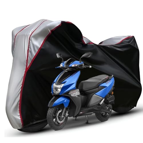 Image of Waterproof Bike Body Cover Compatible with Tvs Ntroq Dustproof Scratchproof - Motorcycle Cover for Two Wheeler, Outdoor Full Cover with UV, Duty, Rain Protection (Black Top Silver) R1