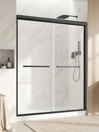Shower Door 56-60 W x 72 H Semi-Frameless Double Sliding Shower Door 1/4 (6mm) Clear Tempered Glass Reversible Shower Glass Door for Walk-in Shower Matte Black Aluminum Frame