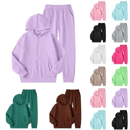Girl's Sweatsuits 2 Piece Outfits Plain Basic Zip-Up Hoodie Jackets and Jogger Trackpant Casual Tracksuits with Pockets 5-14Y