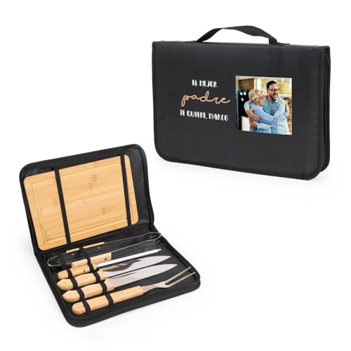 Wanapix | Kit Barbacoa Personalizado | Regalo Día del Padre | Incluye 6 Accesorios (2 Cuchillos, Tabla, Pinzas, Afilador y Trinchador)| Mejor Padre