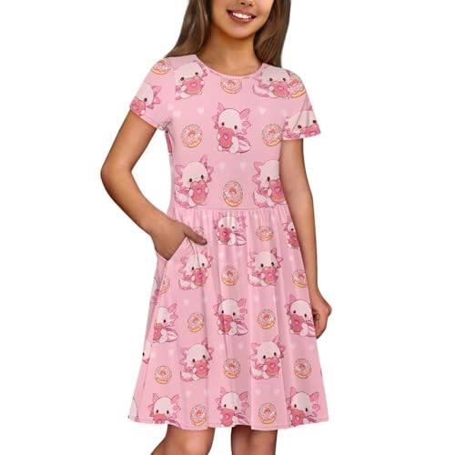 Image of Girls Dress with Pockets Basic Short Sleeve High Waist Swing Skater Dress School Party Dress for Kids