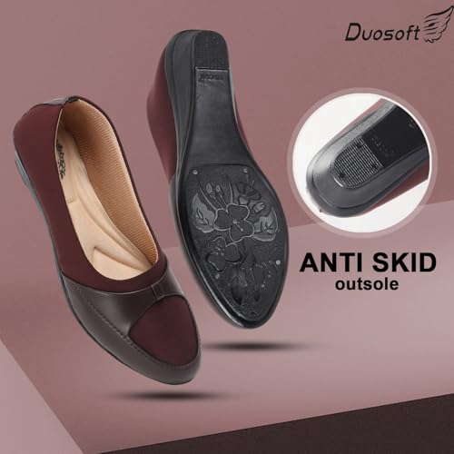 Image of Duosoft Women's Comfort Slip-On Loafers, Black Leather, Low Wedge Heel Bellies Dw-204-Brown