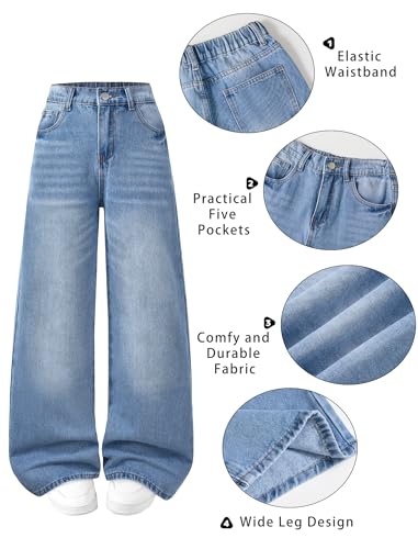 Image of Jeans for Girls Baggy Wide Leg Cute Bow High Elastic Waisted Denim Pants Y2K Boyfriend Skater Streetwear 7-14Y