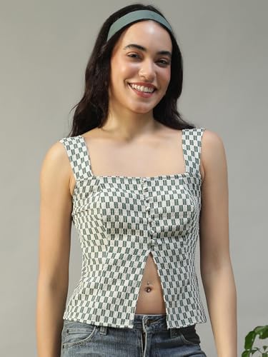 Image of oxolloxo Women Printed Top with Square Neck, Smocked Back, Shoulder Straps, Button Fly and Front Slit in Soft Poly Seersucker Dobby Fabric