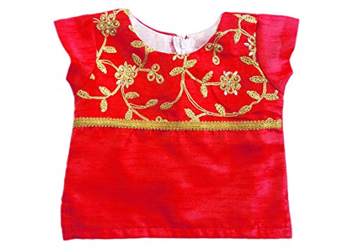 Image of Stanwells Kids Girls Pea Green & Red Lehenga Choli Set | Net Embroidered Ethnic Dress | Traditional South Indian Pattu Pavadai (3-6 Months)