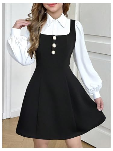 Floerns Girl's Long Sleeve A Line Dress 2 in 1 Collared Button Up Flared Short Dresses3