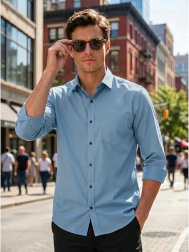 Image of Men's Regular Fit Solid Pattern Cotton Shirt with Spread Collared Long Sleeve Standard Length and Button Down Closure Type | Shirts | Stylish Shirts for Men