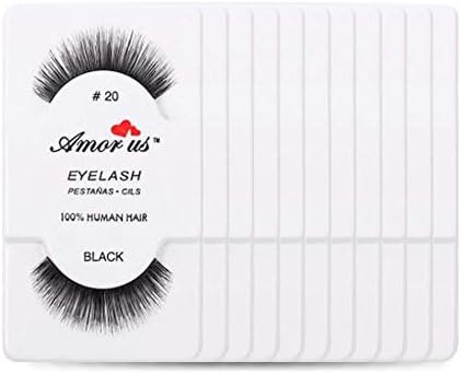 Amorus 12 Pairs Multipack #20 False Eyelashes Dozen Set 100% Natural Hair Black Handmade Comfortable Reusable Strip Fake Lashes Pack