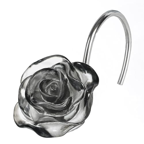 Black Flower Shower Curtain Hooks: Dark Grey Crystal Ice Textured Decorative Hooks for Floral Rose Leaf Plant Botanical Shower Curtain - Cute Rustproof Stainless Steel Hangers for Bathroom Décor
