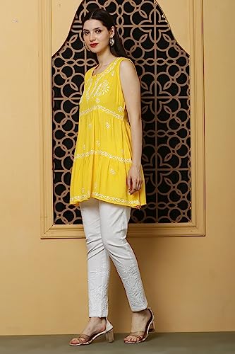 Image of FAWOMENT Women's Ethnic Fashionable Stylish Rayon Sleeveless 2 Layer Short Top With Fine Hand Embroidered Chikankari