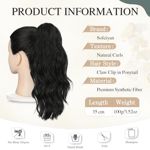 Sofeiyan 14'' Ponytail Extension Curly Clip in Claw Hair Extensions Natural Wavy Looking Synthetic Hairpiece for Women Off Black - Image 2