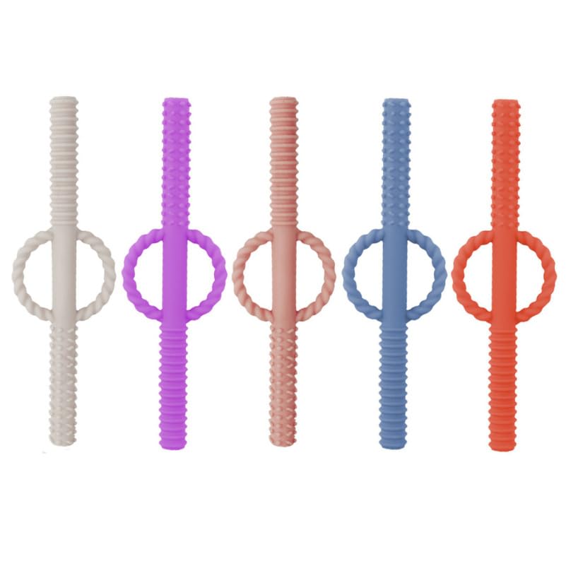 5Pcs Hollow Silicone Chewing Tubes for Boy Girl with Finger Buckles Dual-Texture Softness for Gum Massage and Sensory Stimulation Chewing for Early Development Random Color