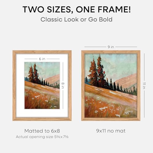 Image of Homeforia 9x11 Natural Oak Picture Frame, High-End Wood, 6x8 Mat, Glass | High End Solid Oak Wood, Tempered Glass, Acid-Free 6x8 Removable Mat, 9x11 Edge-to-Edge Display 11x9, Wall Kit, Set Of 3