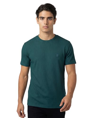 Image of DAMENSCH Men's Striped Texture, Cotton-Rich Comfort, Regular Fit, Solid Colours Striped T-Shirts