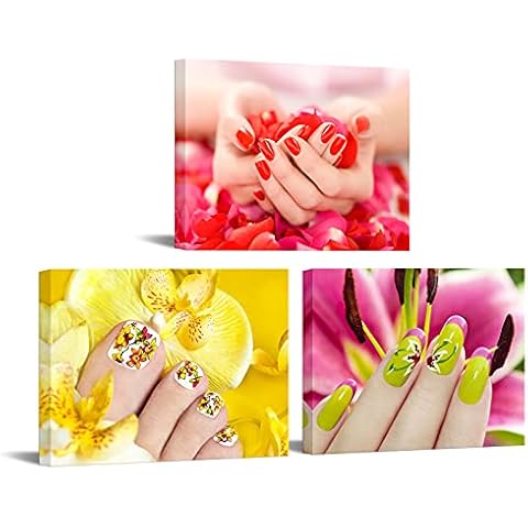 Nachic Wall - 3 Piece Canvas Wall Art Fashion Woman Nails Pictures Beauty Salon Manicure Poster Canvas Print with Wooden Frame for Spa Bathroom Ladies Makeup Dressing Room Decoration Cover