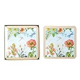 Lightahead Set of 4 MDF Wood Square Coasters for Tea Coffee Cups Mugs Drinks Glass, Floral Design in a Gift Box (Pink)