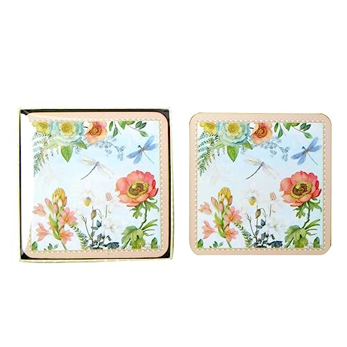 Lightahead Set of 4 MDF Wood Square Coasters for Tea Coffee Cups Mugs Drinks Glass, Floral Design in a Gift Box (Pink)