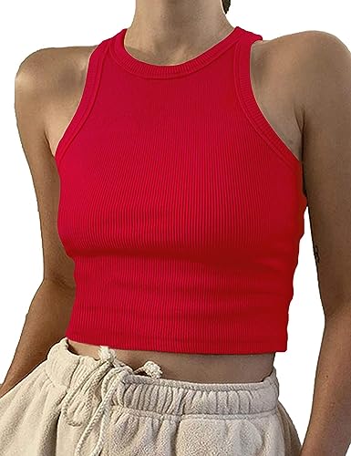 Image of Artfish Women Casual Basic Sleeveless High Neck Rib-Knit Y2k Crop Tank Top