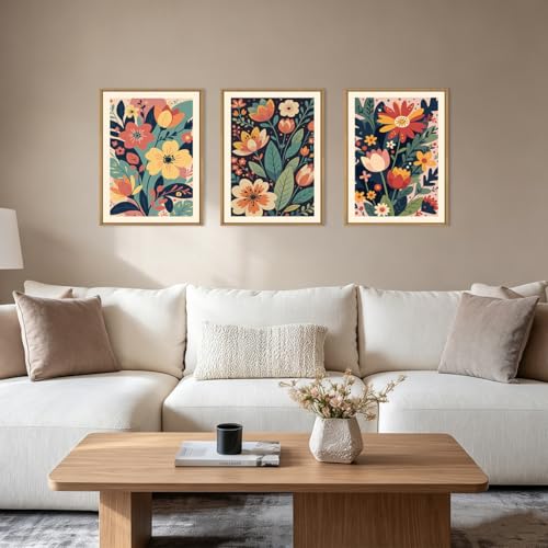 Image of KAIRNE Vintage Colorful Floral Framed Canvas Wall Art Set,Mid Century Modern Flower Wall Decor,Retro Wildflower Art Prints,Boho Botanical Artwork for Living Room,Bedroom,Farmhouse,Office-12 x16 x3