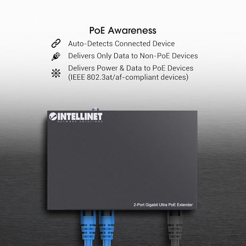 Image of Intellinet 2-Port Gigabit PoE++ Extender, 60W Budget, IEEE 802.3bt | Adds 328 ft. PoE reach; powers cameras, access points or VoIP phones via IEEE 802.3bt /at /af metal housing |561600