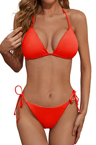 Image of Zuvebamyo Women's Two Piece Bikini Swimsuit Sexy Ribbed Triangle Top Bathing Suits String Cheeky Bikini Sets