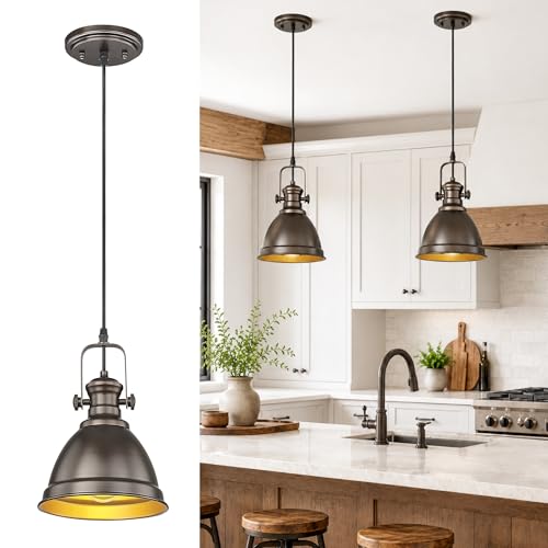 Image of Oil Rubbed Bronze Pendant Light for Kitchen Island, 8 inch Metal Shade | Farmhouse Kitchen Pendant Lighting over Island for Dining Room, Rustic Style, Adjustable Height, E26 Base, AD-2151-1PM-ORB