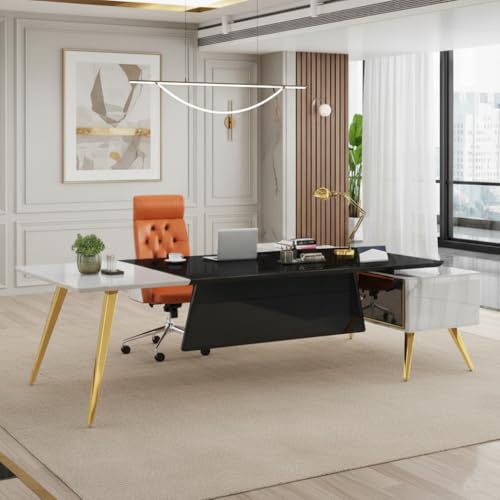 Image of Lakdi The Furniture Co Luxury Director L-Shape Office Table with Premium Glossy Executive Desk with Integrated Drawers and Unique Design Table - LDL-708