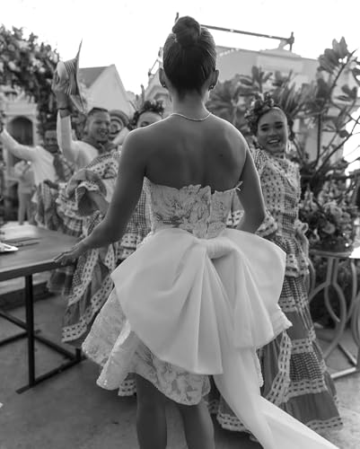 Satin Short Wedding Dresses for Bride with Bow Mini Bridal Shower Gown White Reception Dress for Women ZXLW00033